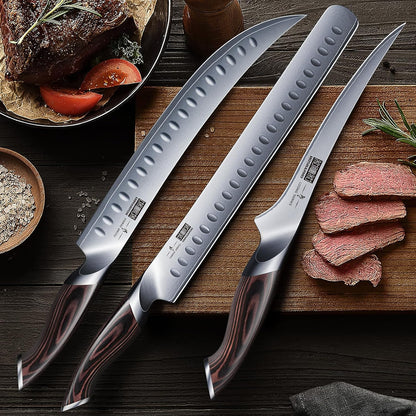 HOSHANHO 8 Inch Carving Knife & 7 Inch Fork Set, Professional Japanese High Carbon Steel Razor Sharp Butcher Brisket Slicing Knife Set for Meat Cutting, BBQ