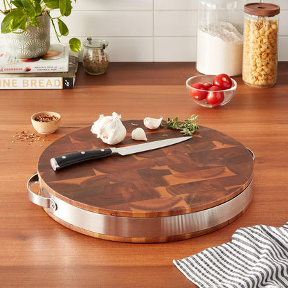 Brown Extra Thick Acacia Hardwood End Grain Round Cutting Board wIith Stainless Steel Band | Butcher Block | Wood Chopping Board | Carving Board | Cahrcuterie Board - 15" (Round) x 2"