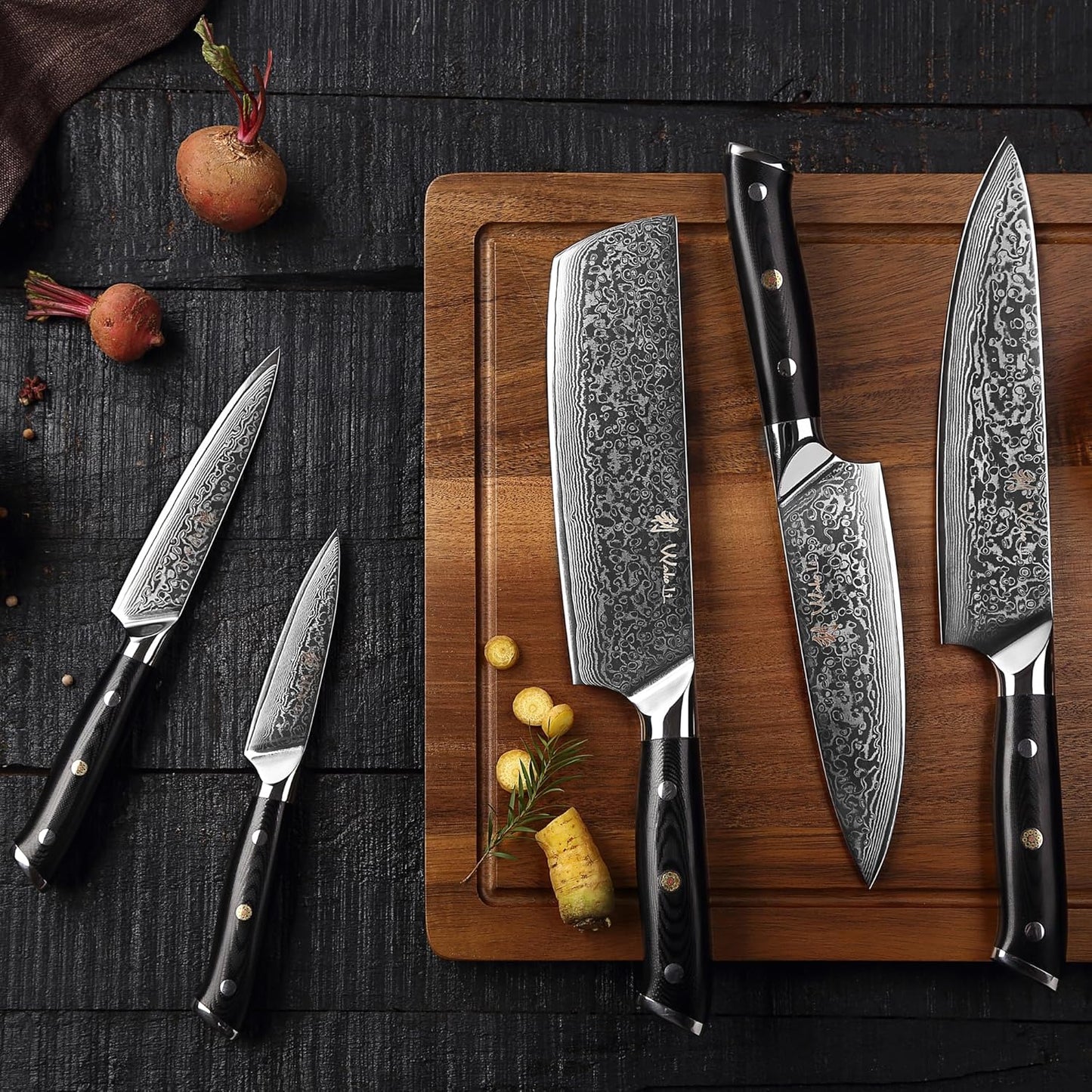 Wakoli Damascus Chef Knife Set with Magnetic Block – 5-Piece Professional Kitchen Knife Block Set, Genuine 67-Layer Damascus Steel Blades with VG10 Core & Ergonomic Sycamore Wood Handles