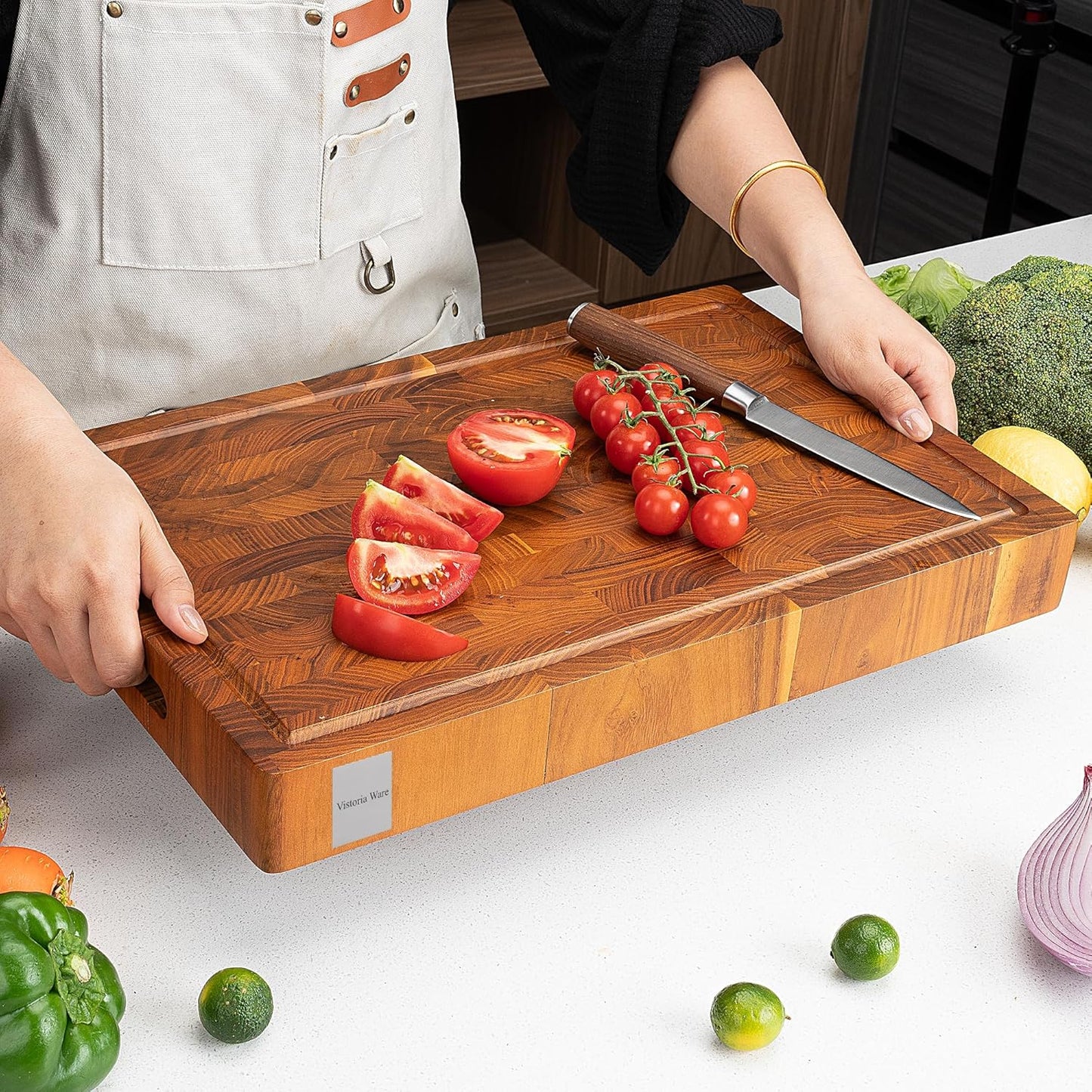 24 x 18 Inch Teak Wood End Grain Cutting Board – Large Butcher Block with Juice Groove, Heavy Duty Reversible Chopping Board for Meat, BBQ & Charcuterie, Knife-Friendly Kitchen Board
