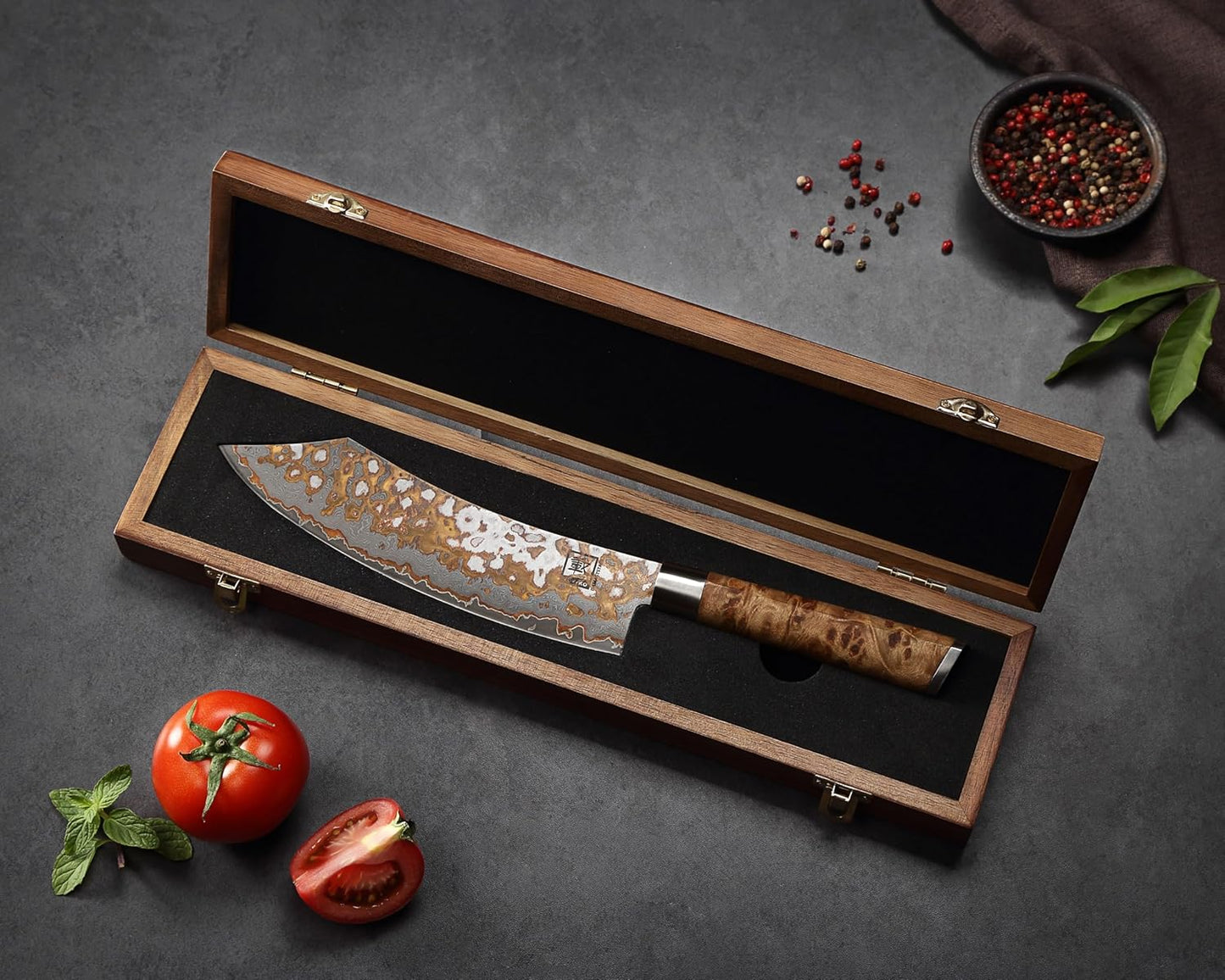 zayiko MysticMagma Nakiri Damascus Knife, 17 cm Blade made of 67 Layers of Damascus Steel with copper and bronze Inlay, DualCurve Handle made of maple root Wood, wooden Box