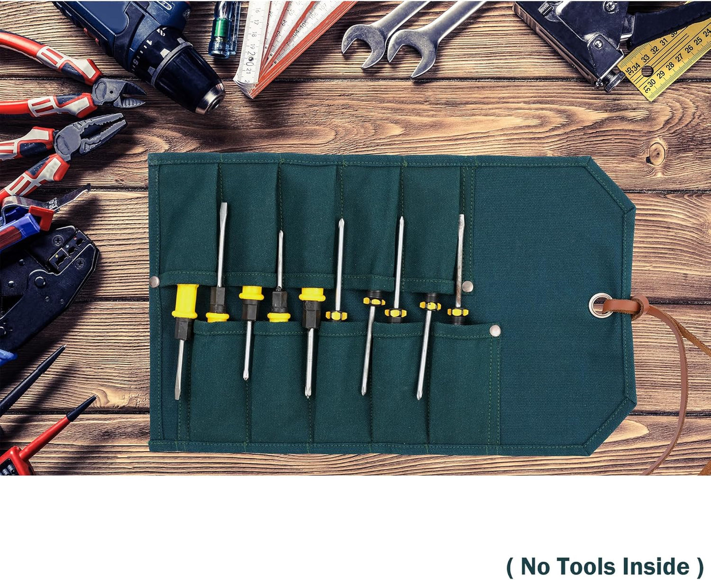 Multi-Function Chisel Roll, Heavy Duty 16oz Waxed Canvas Tool Storage Bag, Sturdy Tool Carrier with 10 Slots for Chisel Wrench Screwdriver | Dark Green