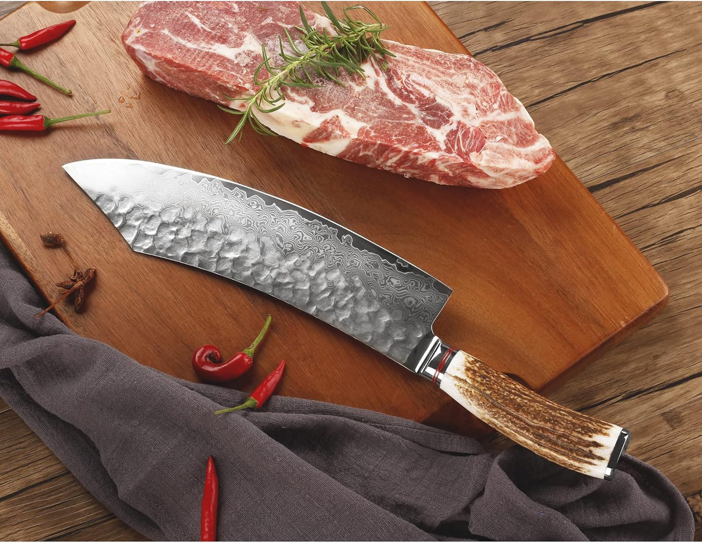 SUNLONG Usuba & Nakiri Knife 6.5 inch Fruit and Vegetable Knife Japanese Hammered Damascus Steel Super sharp - Natural Deer Horn Handle