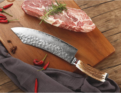 SUNLONG Usuba & Nakiri Knife 6.5 inch Fruit and Vegetable Knife Japanese Hammered Damascus Steel Super sharp - Natural Deer Horn Handle