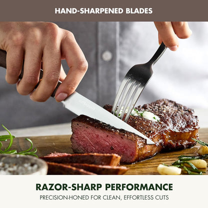 GreenPan Elite 8 Piece Steak Knife Set, Professional Stainless Steel Blades with Titanium Coating, Ultra-Sharp Dining Knives, Kitchen Cutlery, Ergonomic Wood Handles, Wooden Storage Box
