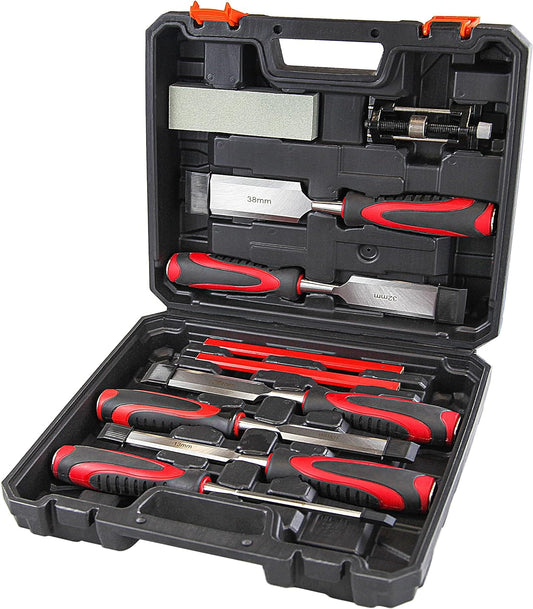 10-Piece Wood Chisel Set, Wood Carving Chisels with Honing Guide, Carpenter Pencils and Sharpening Stone, CR-V Steel (1/4", 1/2", 3/4", 1", 1-1/4", 1-1/2")