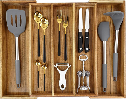 Luxury Acacia Kitchen Drawer Organizer - Silverware Organizer - Utensil Holder and Cutlery Tray with Grooved Drawer Dividers for Flatware and Kitchen Utensils (8 Slot), 17*12.4*2 inch