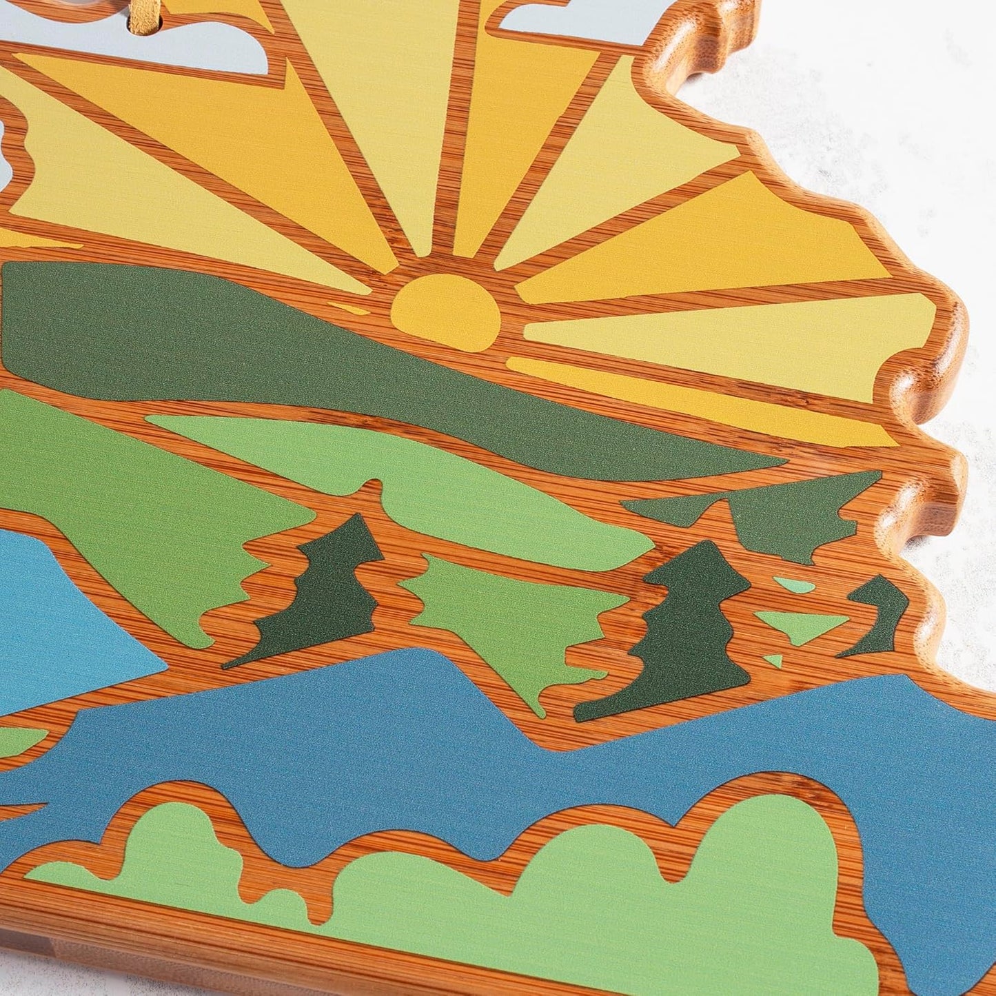 Totally Bamboo North Carolina State Shaped Cutting Board and Charcuterie Serving Platter with Artwork by Summer Stokes, Includes Hang Tie for Wall Display 18" x 8" x 5/8" - Colors A