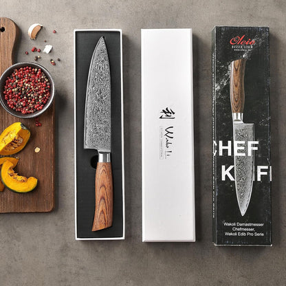Wakoli EDIB Pro Premium Kiritsuke Chef's Knife – Japanese-Style Kitchen Knife | 8-Inch Blade Made of 67-Layer Genuine Damascus Steel with Pakkawood Handle | Sharp, Durable, Professional Cooking Tool