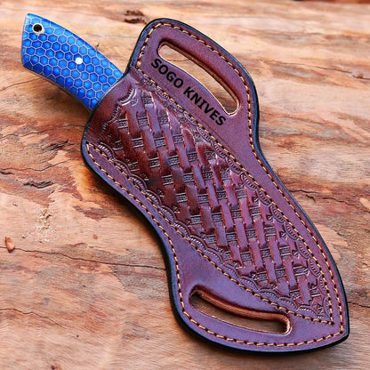 Fixed Blade Damascus Steel Hunting Knife with Leather Sheath, 9'' Full Tang Hunting Skinning,Non-Slip Wooden Handle,Camping Knife (VENGI)
