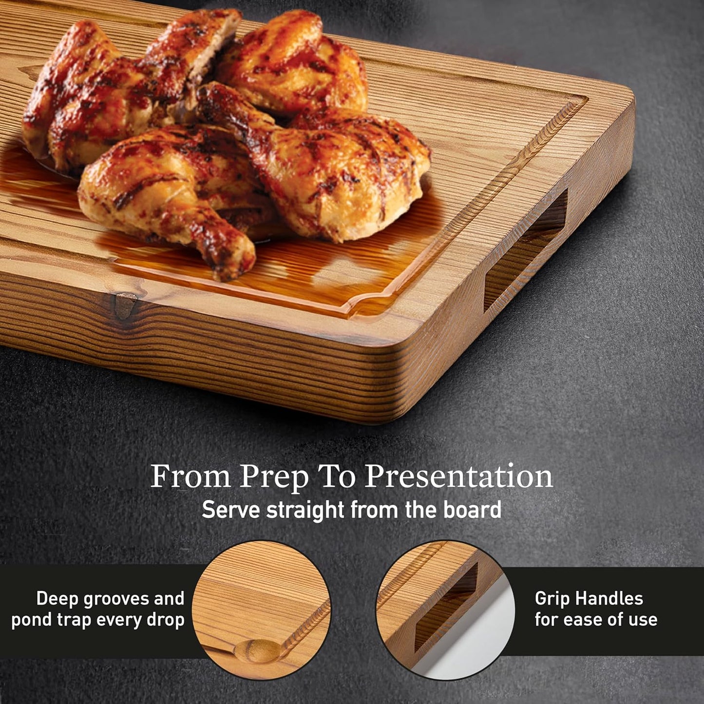 Cutting Board for Kitchen – Wood Cutting Board, Non Toxic Butcher Block, Cutting Boards with Juice Groove & Handles, Charcuterie Board – 11" x 17" x 1.75" (Pyrowood)