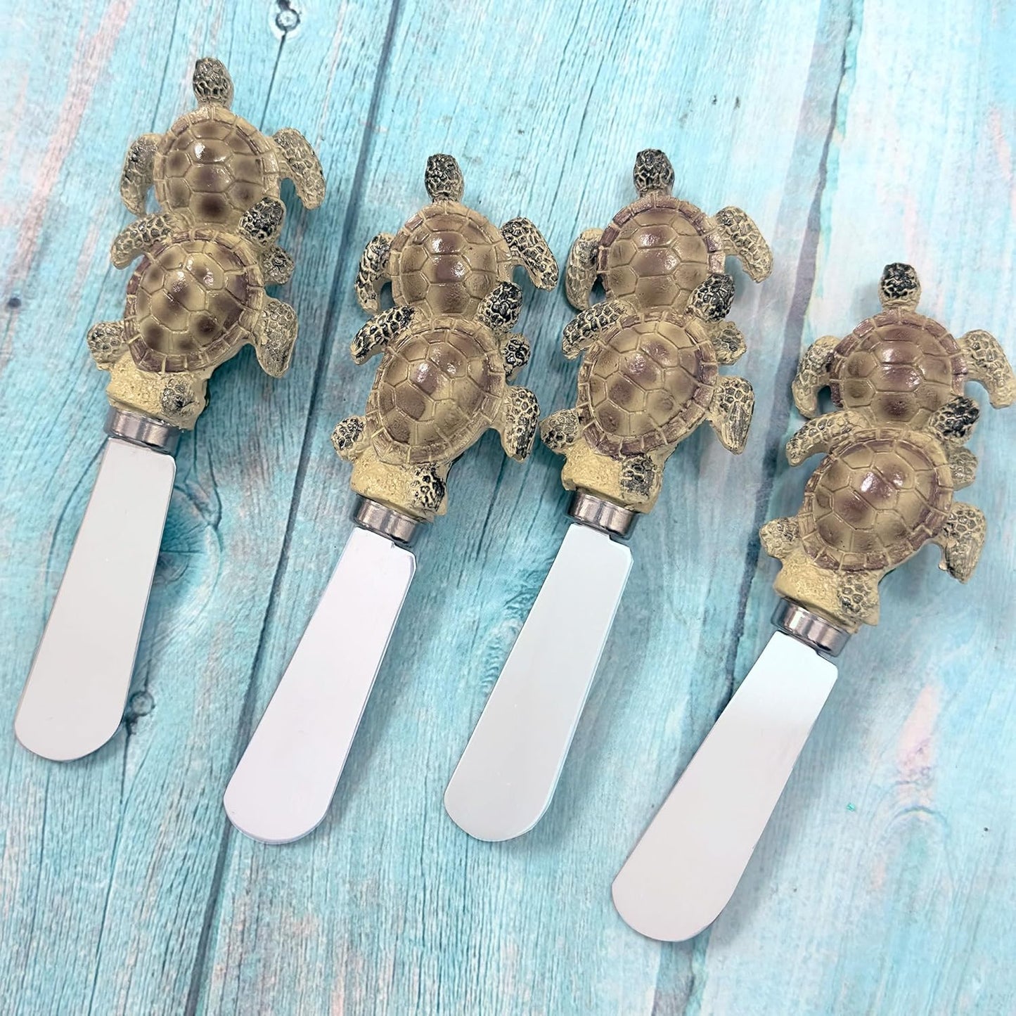 Supreme Housewares Blue Wash Sea Animals Cheese Spreaders, Hand-Painted Resin Handles with Stainless Steel Blades for Spreading Cream Cheese, Butter, and Jam, Assorted Designs, Set of 4