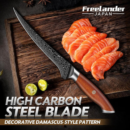 Freelander Damascus Fillet Knife 7", Razor Sharp Boning Knife for Fish, Meat & Poultry, Japanese Filet Knives with Ergonomic Wood Handle, Ideal for Skinning, Deboning & Slicing, Gift Box Included