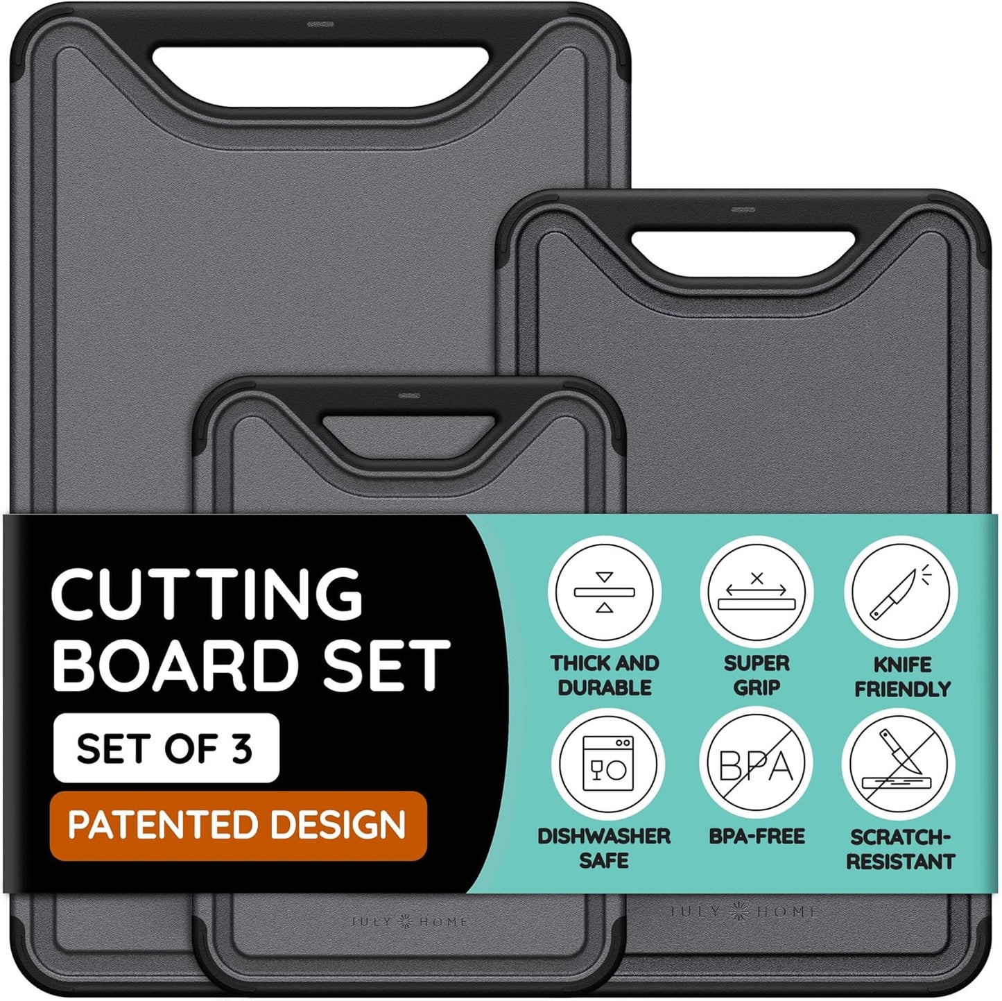 Cutting Boards for Kitchen, Plastic Cutting Board Set of 3, Dishwasher Safe Cutting Boards with Juice Grooves for Meat, Veggies, Fruits, Easy Grip Handle, Serveware Accessories (Gray)