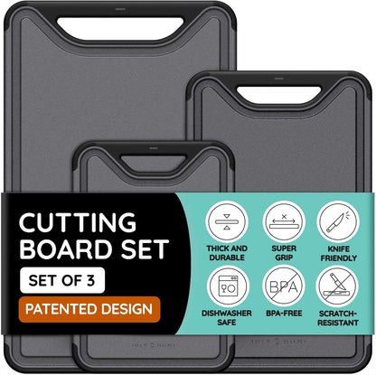 Cutting Boards for Kitchen, Plastic Cutting Board Set of 3, Dishwasher Safe Cutting Boards with Juice Grooves for Meat, Veggies, Fruits, Easy Grip Handle, Serveware Accessories (Gray)