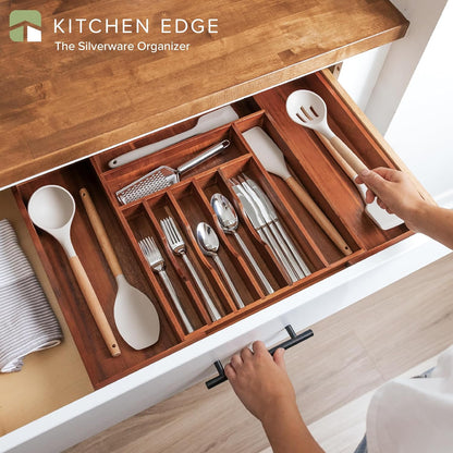 KitchenEdge Premium Silverware, Flatware and Utensil Organizer for Kitchen Drawers, Food-Safe Contract Grade, Expandable from 18 to 33 In, Natural Bamboo