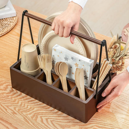 PTSTING Silverware Caddy Black Wood Silverware Holder Paper Plate Dispenser Utensil Caddy Cutlery Flatware Organizer Box for Spoons Forks Plates Napkins