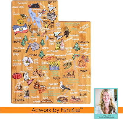 Totally Bamboo Tennessee State Shaped Cutting Board and Charcuterie Serving Platter with Artwork by Fish Kiss, Includes Hang Tie for Wall Display - Colors A