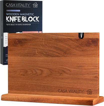 Acacia Wood Magnetic Knife Holder 14x10" – Double-Sided Knife Holder with Strong Magnet & Built-In Sharpener – Space-Saving Magnetic Knife Block Gift for Home Kitchens & Cooking Lovers