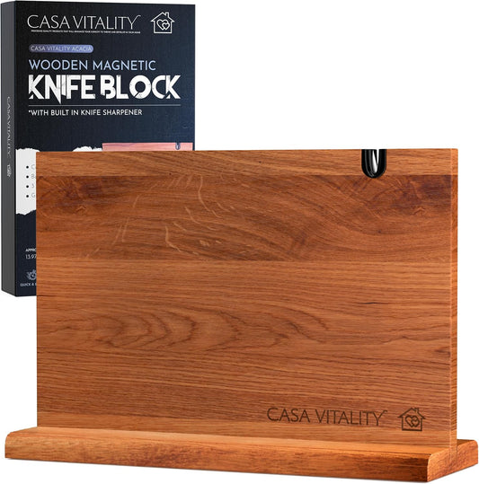 Acacia Wood Magnetic Knife Holder 14x10" – Double-Sided Knife Holder with Strong Magnet & Built-In Sharpener – Space-Saving Magnetic Knife Block Gift for Home Kitchens & Cooking Lovers