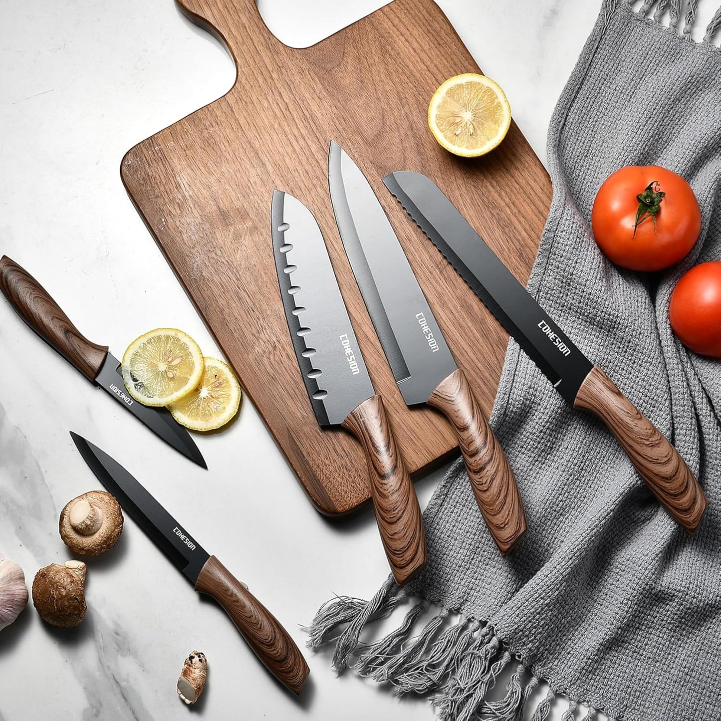Cohesion 5 PCS Kitchen Knife Set with Magnetic Knife Strip for Wall, Ultra Sharp Kitchen Knives Set with Sheathes and Gift Box for Multipurpose Cooking with Ergonomic Handle