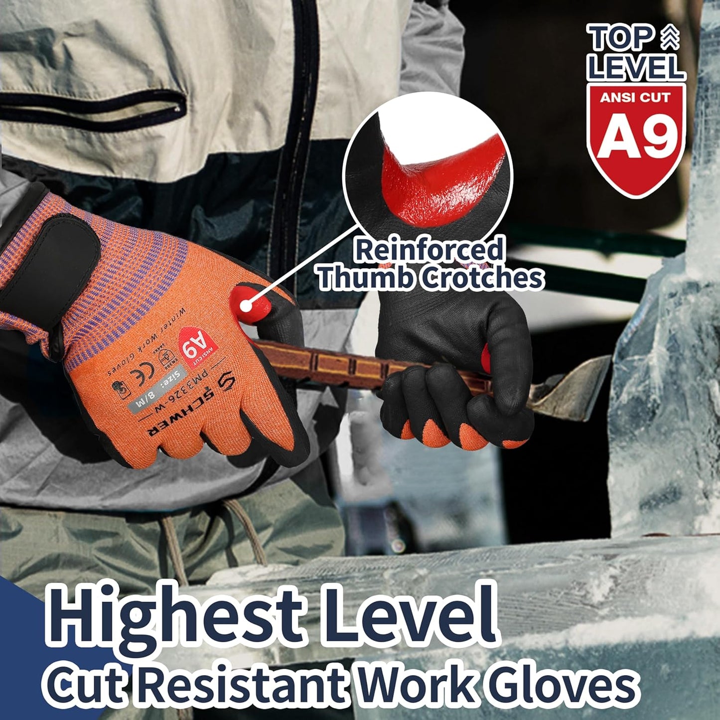 Schwer ProGuard High Level Cut Resistant Work Gloves PR3326 for Extreme Protection，ANSI A9 Cut Gloves with Reinforced Thumb, Non Slip, Breathable, Durable, Touch-screen, Black 1 Pair（XL）