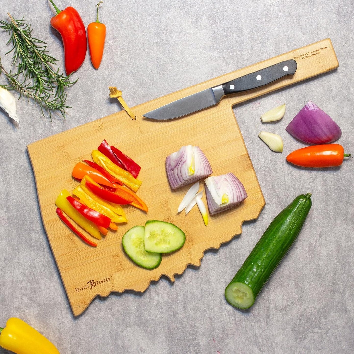 Totally Bamboo North Carolina State Shaped Cutting Board and Charcuterie Serving Platter with Artwork by Summer Stokes, Includes Hang Tie for Wall Display 18" x 8" x 5/8" - Colors A