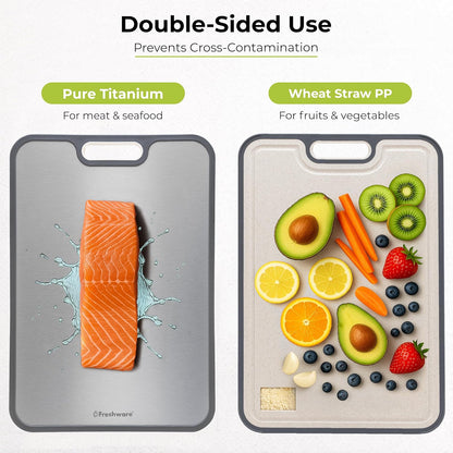 Freshware Titanium Cutting Board for Kitchen, Set of 2, Double Sided Cutting Boards, Pure Titanium/PP, Chopping Board with Juice Grooves, Dishwasher Safe, Medium 12.1" by 8.3" and Large 16.2" by 11"