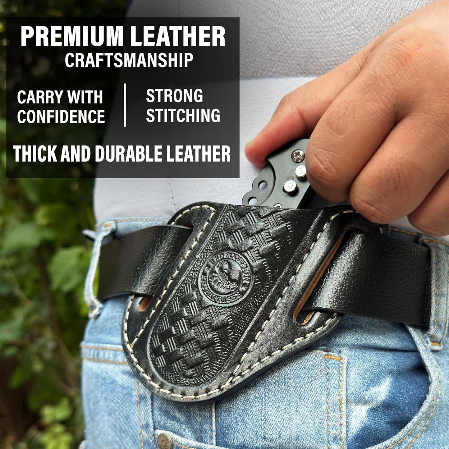 Red Scorpion Handmade Leather Knife Sheath for Belt - EDC Belt Holster for Folding Knife, Leather Sheath for Pocket Knife, Compact EDC Tools Carrier for Outdoor Activities