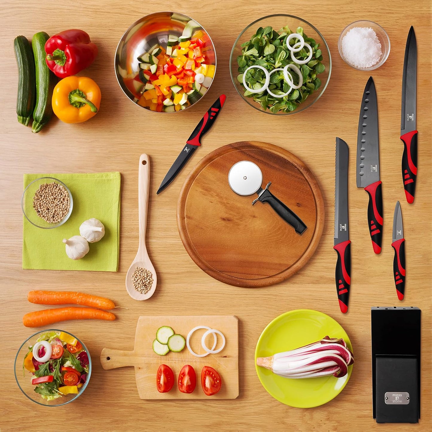 Moss & Stone 14 Pcs Knife Block Set Stainless Steel, Premium Forged Kitchen Knives Set with High-Carbon Blades, Ergonomic Handle, Sharp Blade, Rust Resistant, Modern Style for Home & Chef, Black