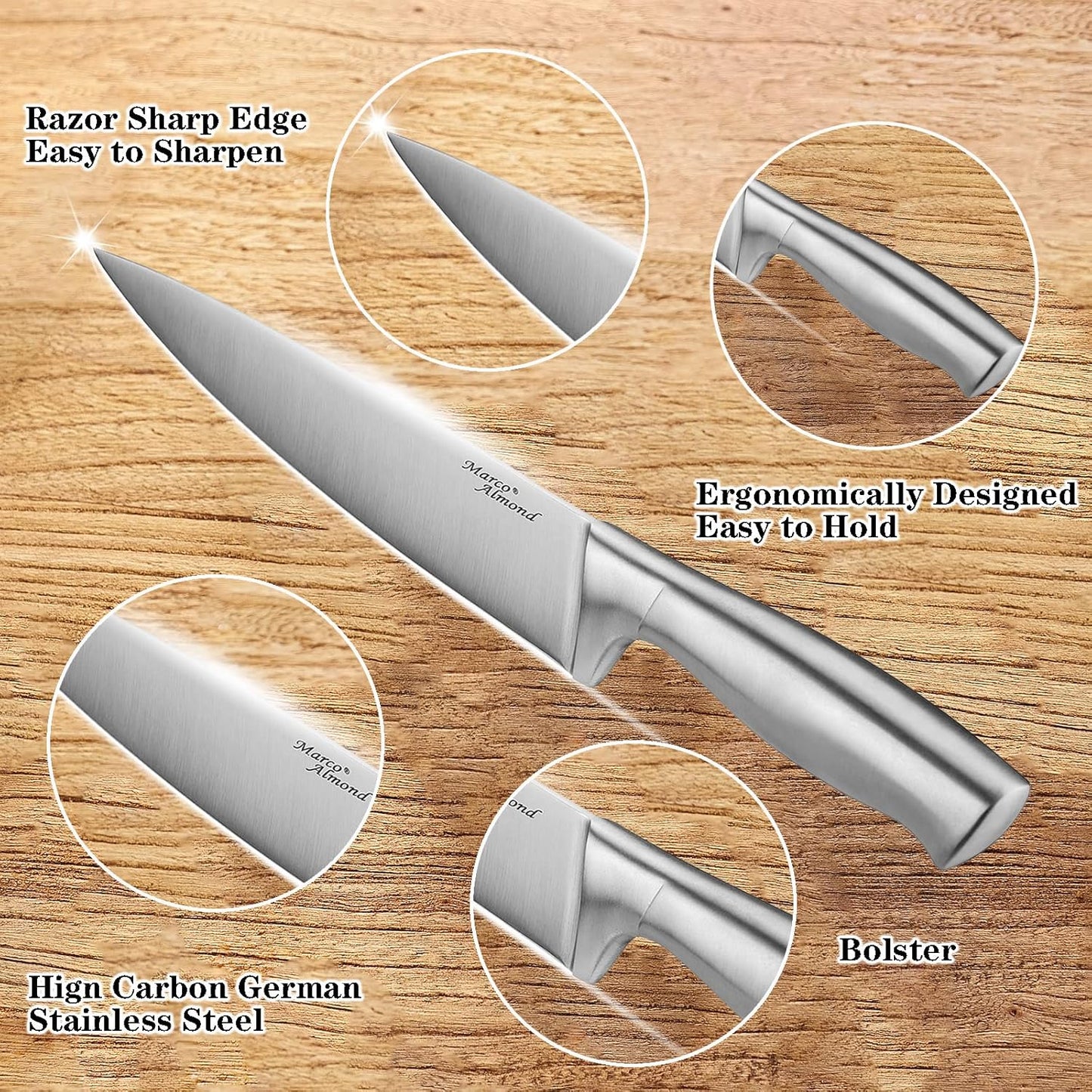 Marco Almond® Knife Block Set, KYA26 Knife Set with Block, 14 Pieces Stainless Steel Chef Kitchen Knives with Built-in Sharpener