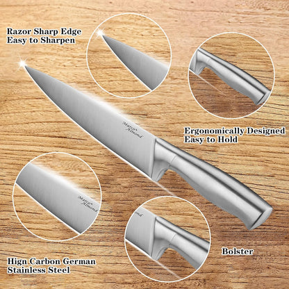 Marco Almond® Knife Block Set, KYA26 Knife Set with Block, 14 Pieces Stainless Steel Chef Kitchen Knives with Built-in Sharpener