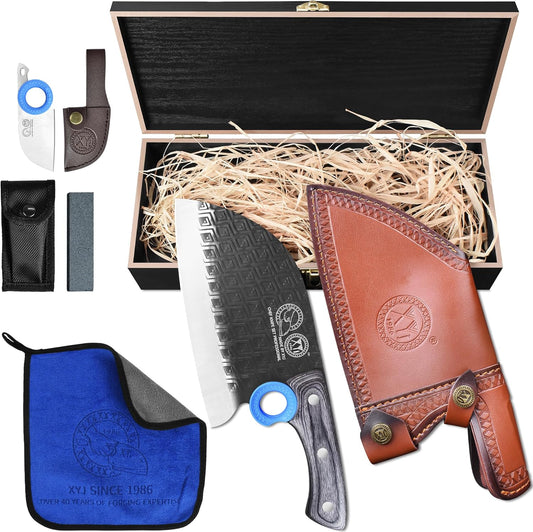 XYJ Authentic Since 1986, Serbian Chef Butcher Knife with Leather Sheath, Wooden Box, Washing Towel, Meat Cleaver, High Carbon Steel Blade,Full Tang Wood Handle, Vegetable Kitchen Knives