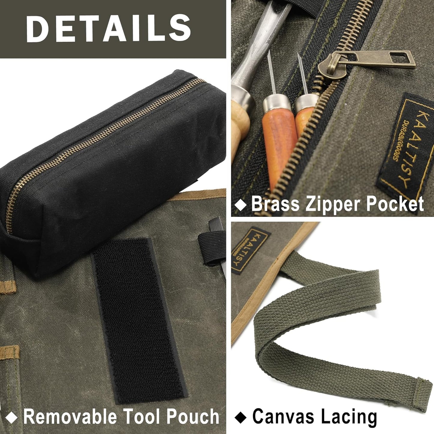 16OZ Waxed Canvas Tool Roll Bag, Heavy Duty Tool Storage Roll Bag with 7 Tool Slots & 1 Detachable Pouch, Khaki Tool Organizer for Wrenches and Tools (23.5"L x 9.5"W)