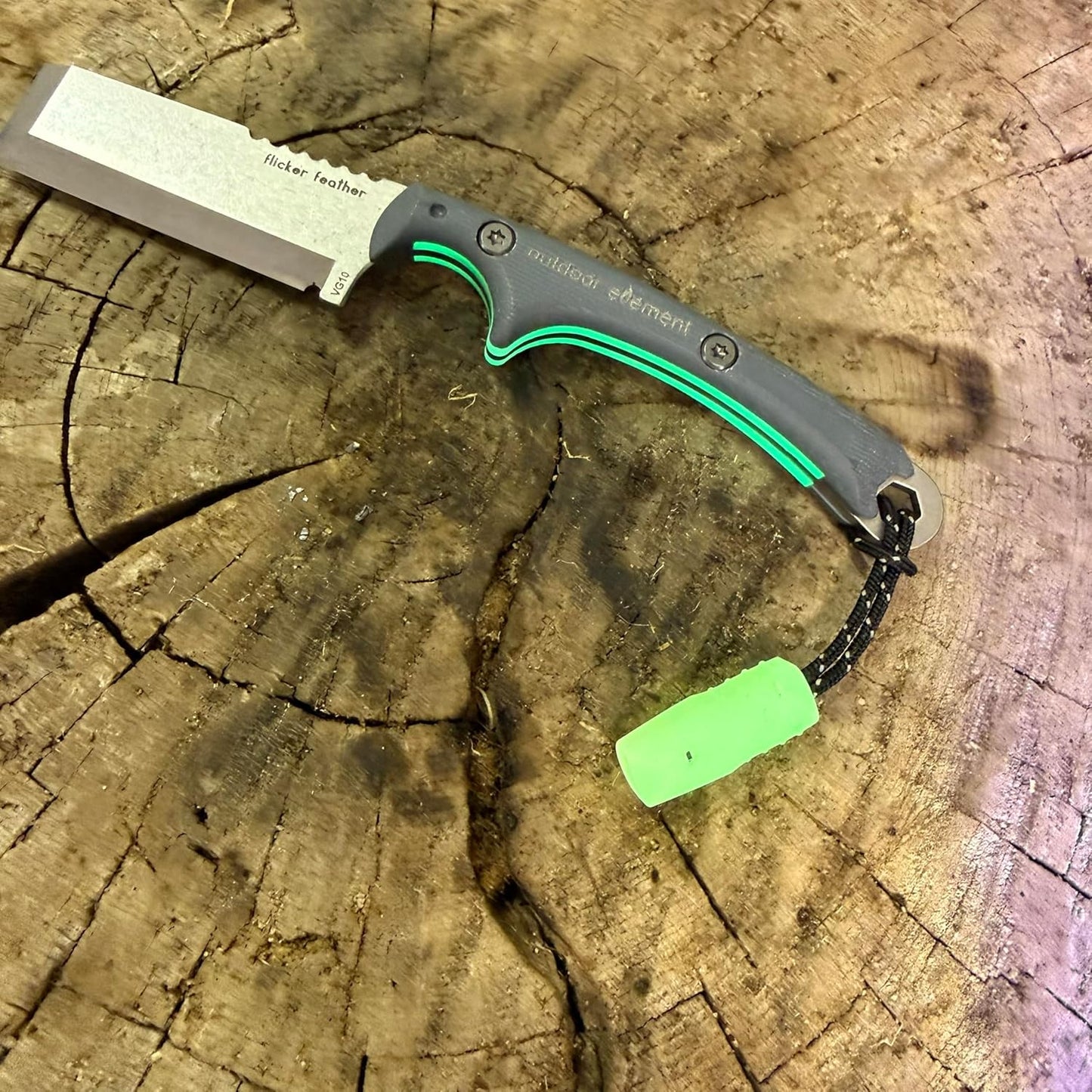 Scout Feather Glow - Fixed Blade Survival Knife with built-in Firestarter for Camping, Hunting, Outdoor Adventure and Culinary Need - VG10 Blade, Whistle, Knife Sharpener, Compact Sheath & G10 Handle