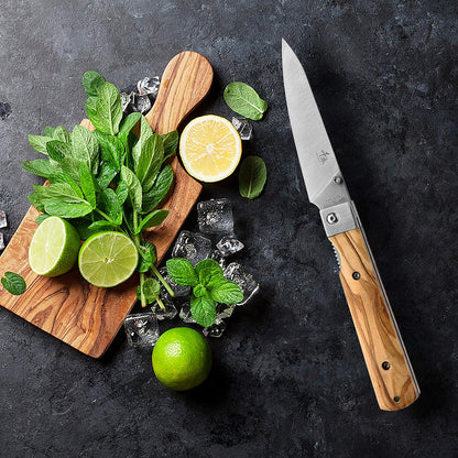 SENBON 440A stainless steel Gift wrapped 4 piece set sharp pocket folding Japanese chef knife universal peeling knife bread knife set portable kitchen knives with natural olive handle