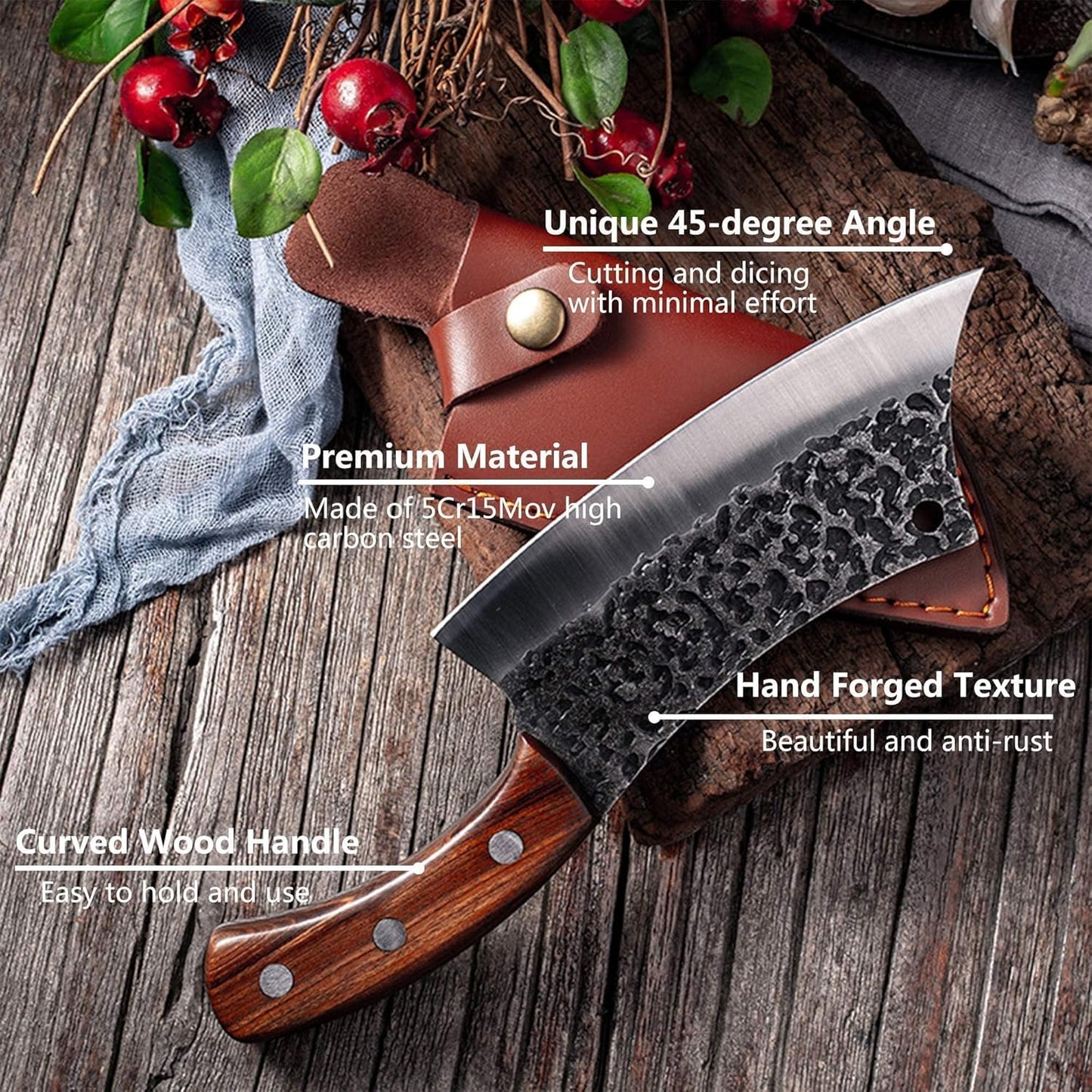 Freelander Butcher Knife Set 3 PCS, Japanese Chef Knife Set with Roll Bag, Full Tang Meat Cleaver for Kitchen & Camping & BBQ, Gift for Men