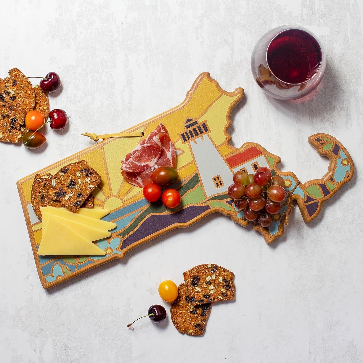 Totally Bamboo North Carolina State Shaped Cutting Board and Charcuterie Serving Platter with Artwork by Summer Stokes, Includes Hang Tie for Wall Display 18" x 8" x 5/8" - Colors A