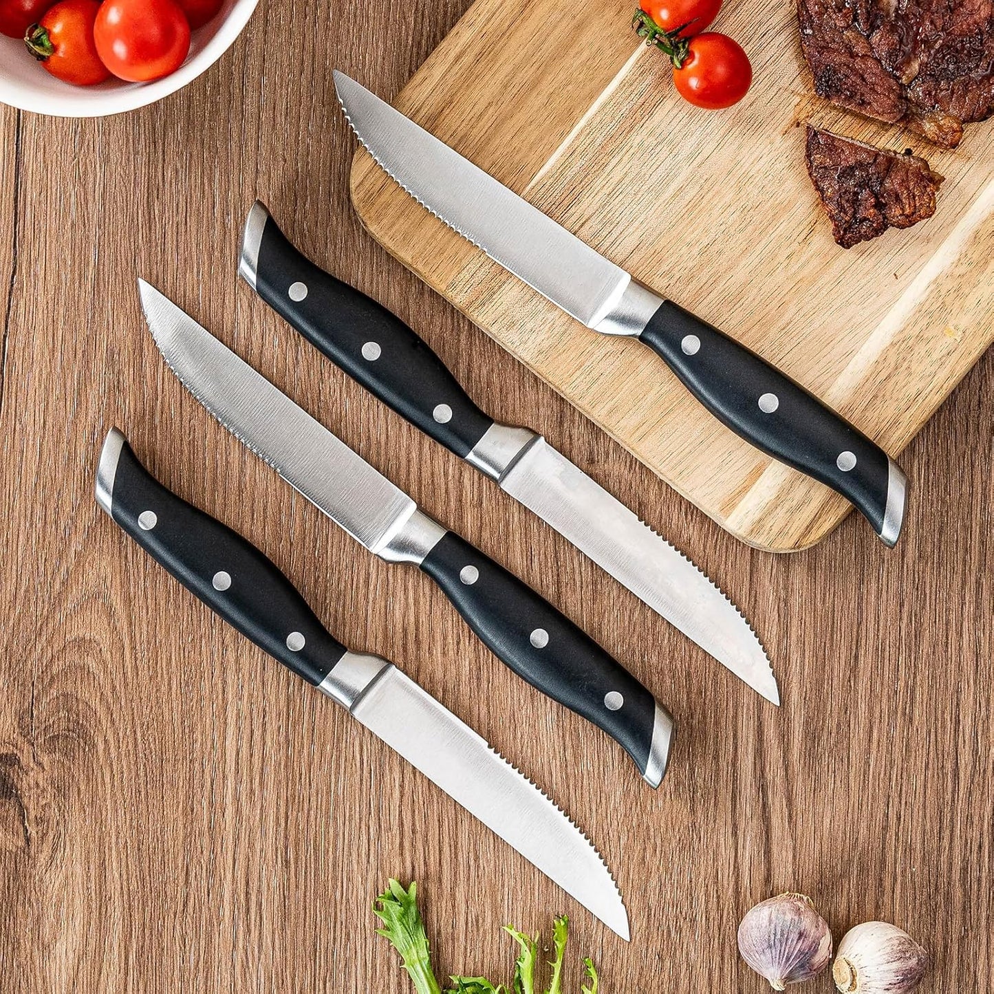 4.5 Inch Steak Knife Set of 4, Knives Set for Kitchen, Paring Knife, Stainless Steel Serrated Knife, Lacquered Wood, Black