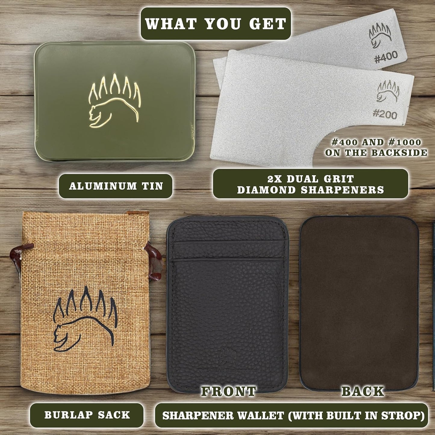 2X Dual Grit Diamond Sharpening Stone + Leather Wallet Strop | By The Bear Essentials | Pocket Credit-Card Sized Field Sharpener for Camping, Bushcraft, Outdoors, Survival, EDC - Dark Brown