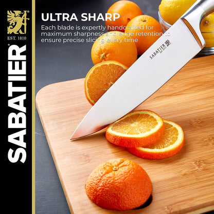 Sabatier 15-Piece Forged Triple Rivet Knife Block Set, High-Carbon Stainless Steel Kitchen Knives, Razor-Sharp Knife set with Acacia Wood Block, White Handles