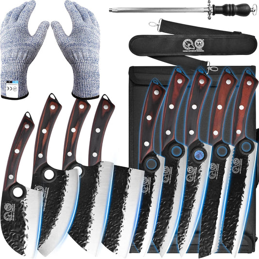 XYJ Authentic Since 1986,Knife Block Set,High Carbon Steel Forged Blades,Kitchen Knives Set with Wooden Magnetic Knife Block,Sharpening Steel,Cutting Board,Cleaver Slicing Knife,Wood Handle
