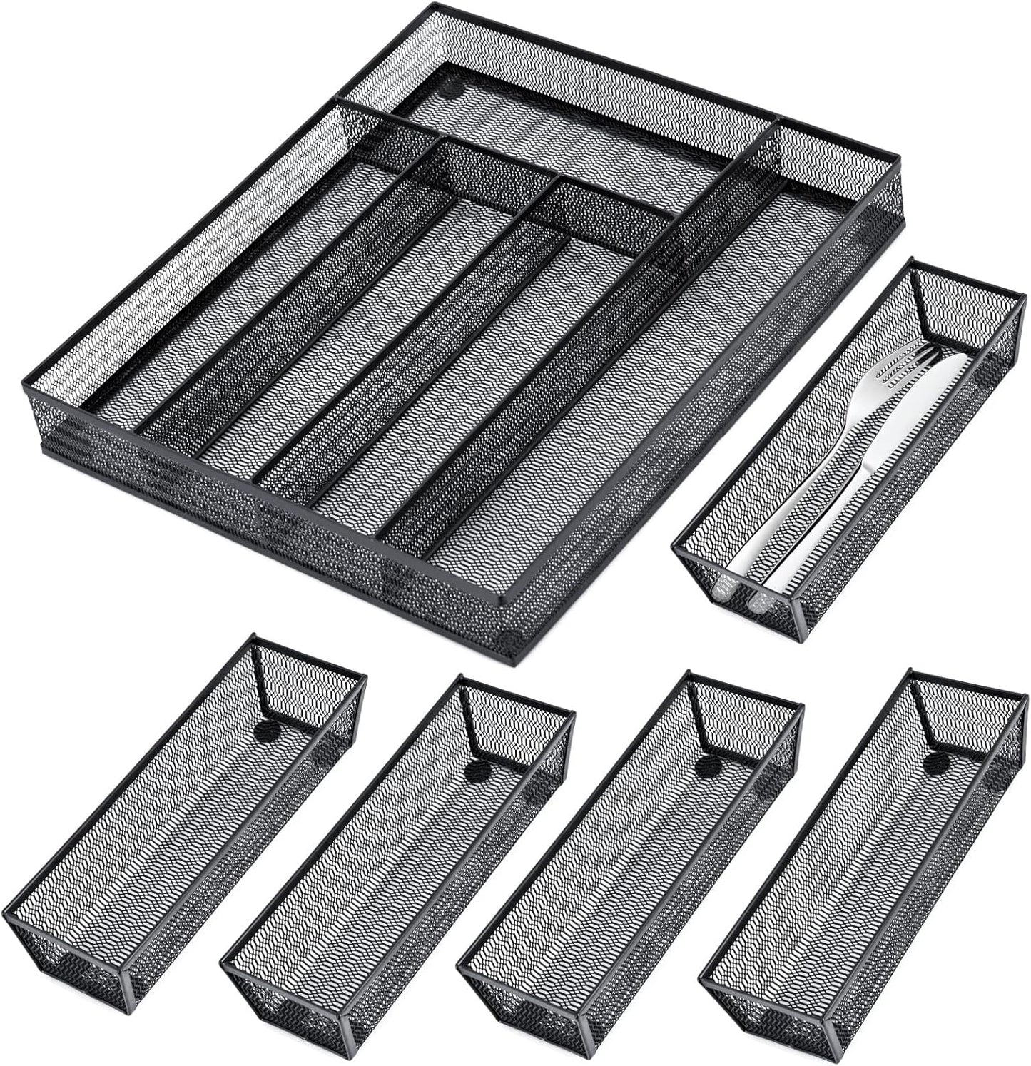 Neudeco Silverware Organizer,Mesh Drawer Organizer for Kitchen，Metal Utensil Organizer for Flatware, Knives, Spoons,Cosmetic (Silver 9 * 3 * 2 inch Pack6)