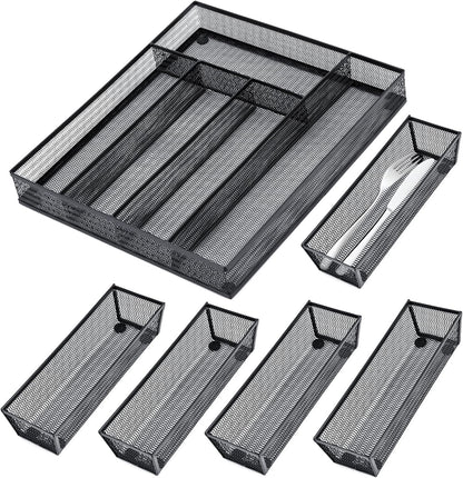 Neudeco Silverware Organizer,Mesh Drawer Organizer for Kitchen，Metal Utensil Organizer for Flatware, Knives, Spoons,Cosmetic (Silver 9 * 3 * 2 inch Pack6)