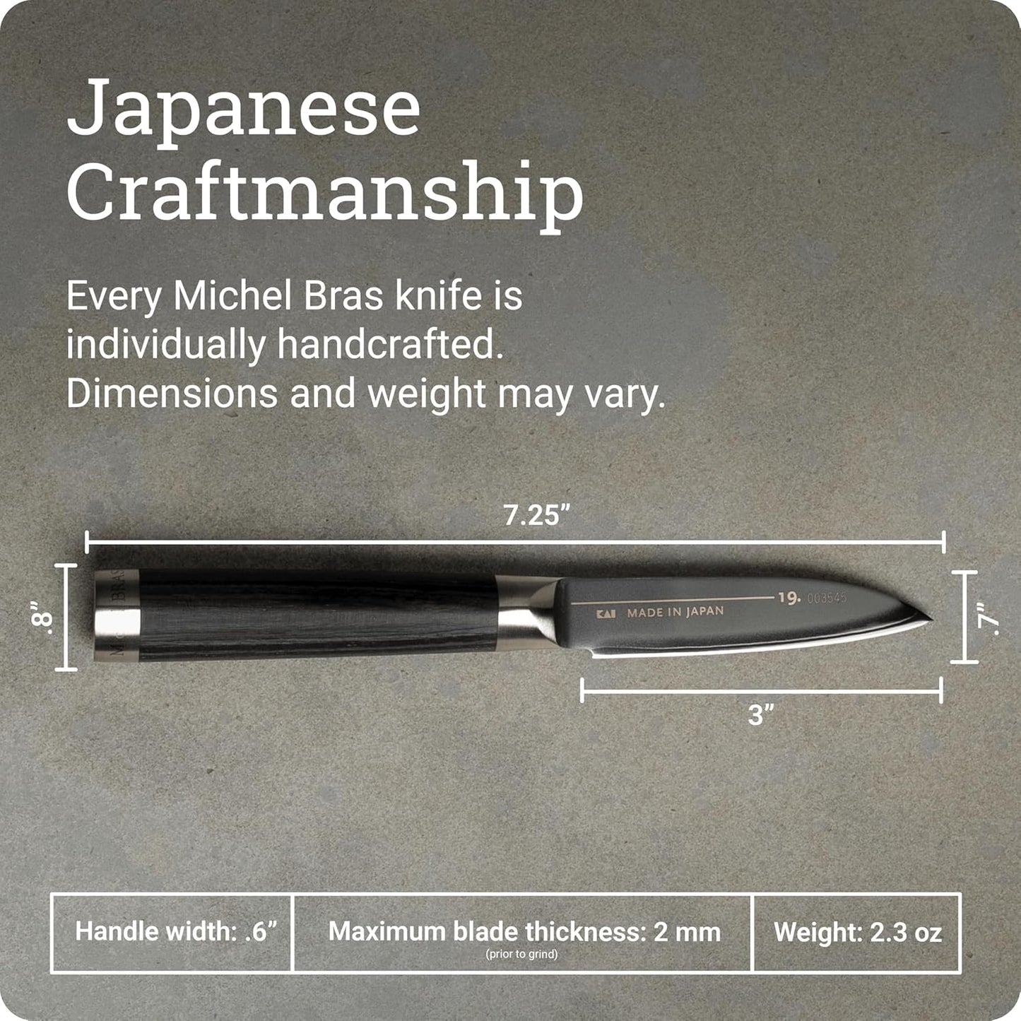 Michel BRAS No. 1 Paring Knife, 3" Handcrafted Vegetable and Fruit Knife, 3 Layer Stainless Steel Blade, Black Pakkawood Handle, Small Kitchen Tool for Peeling and Cutting