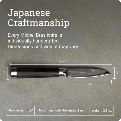 Michel BRAS No. 1 Paring Knife, 3" Handcrafted Vegetable and Fruit Knife, 3 Layer Stainless Steel Blade, Black Pakkawood Handle, Small Kitchen Tool for Peeling and Cutting