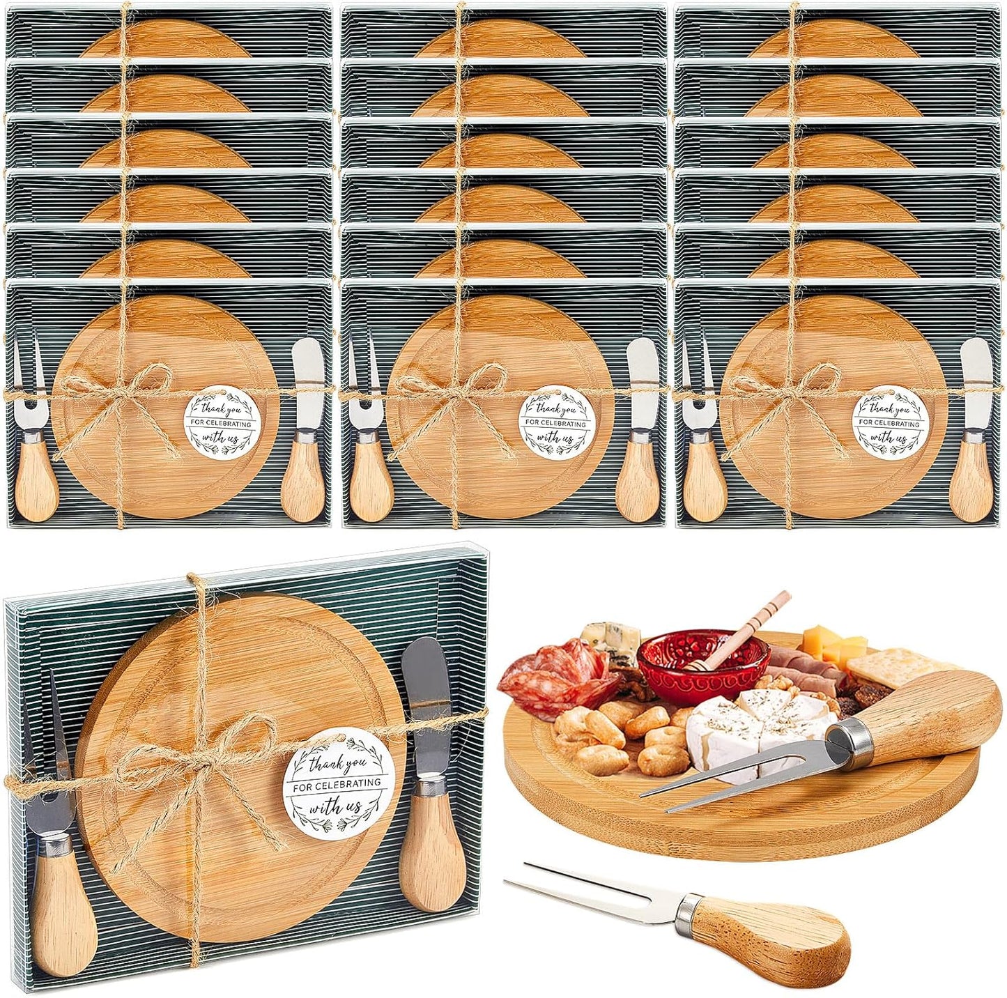 Maxcheck 18 Sets Baby Shower Bridal Game Prizes for Winners Round Cheese Board Set Wood Mini Charcuterie Board with Knives and Forks Thank You Card with Gift Box for Guests Wedding (Bamboo)