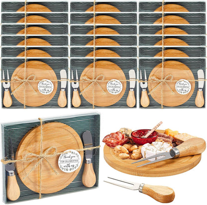 Maxcheck 18 Sets Baby Shower Bridal Game Prizes for Winners Round Cheese Board Set Wood Mini Charcuterie Board with Knives and Forks Thank You Card with Gift Box for Guests Wedding (Bamboo)