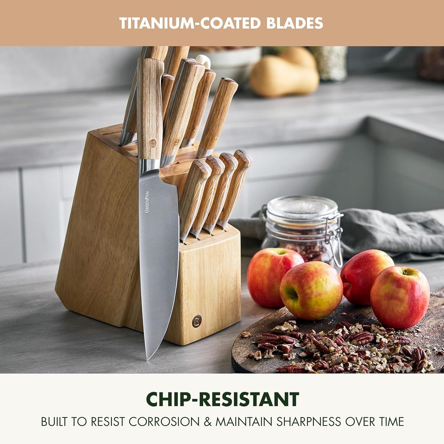 GreenPan Elite 8 Piece Steak Knife Set, Professional Stainless Steel Blades with Titanium Coating, Ultra-Sharp Dining Knives, Kitchen Cutlery, Ergonomic Wood Handles, Wooden Storage Box