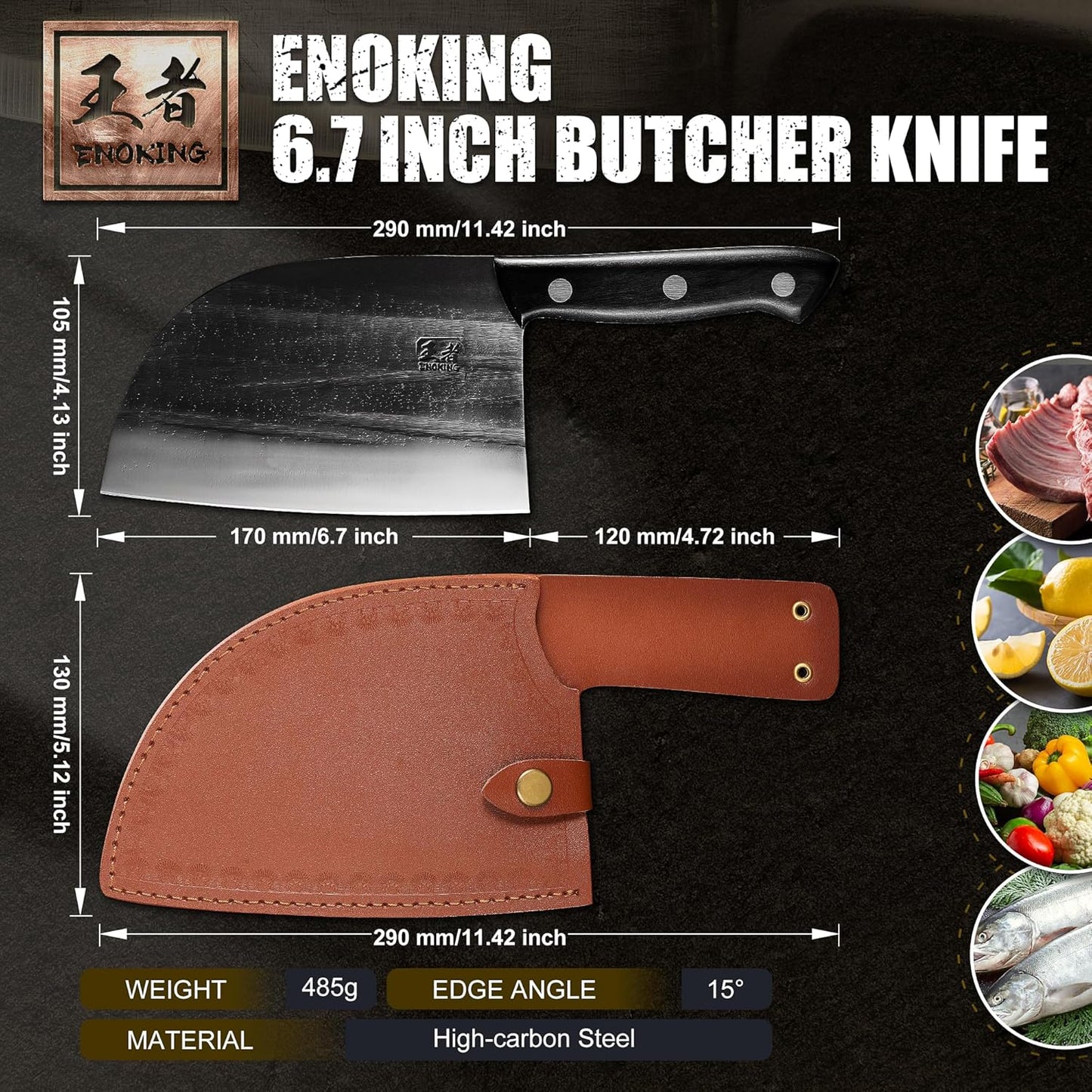 ENOKING 6.7" Serbian Chef Knife, Full Tang Vegetable Meat Cleaver for Kitchen, High-Carbon Stainless Steel Blade with Wooden Handle, Multipurpose Chopper Knife with Sheath & Gift Box